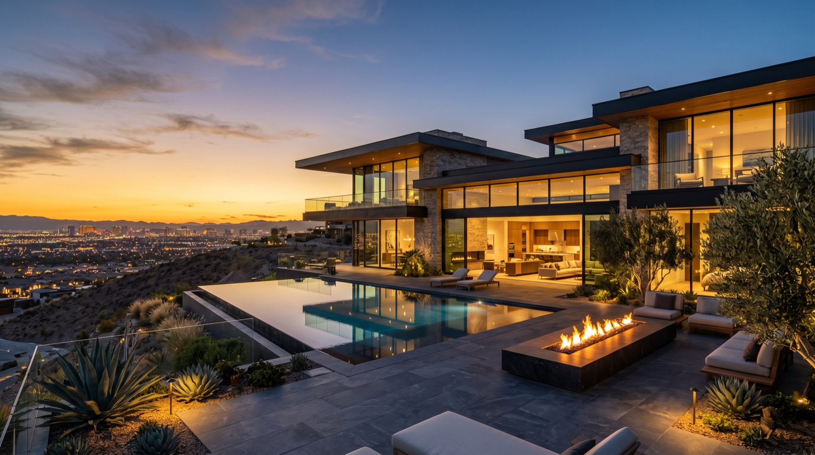Hillside luxury estate at twilight with Las Vegas city lights visible in the distance
